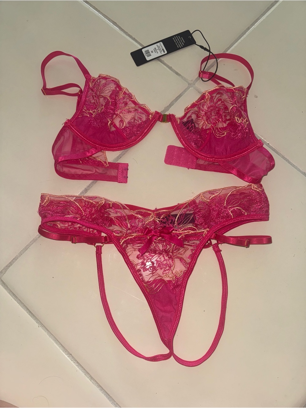 Fashion Nova Hot Pink Lace Underwire Bra & Strappy Thong Set
